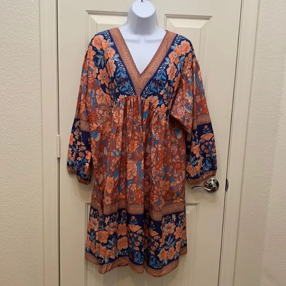 Made With ❤️ Dress Tunic Top V Neck 3/4 Sleeves Elastic Floral Orange Blue XXL